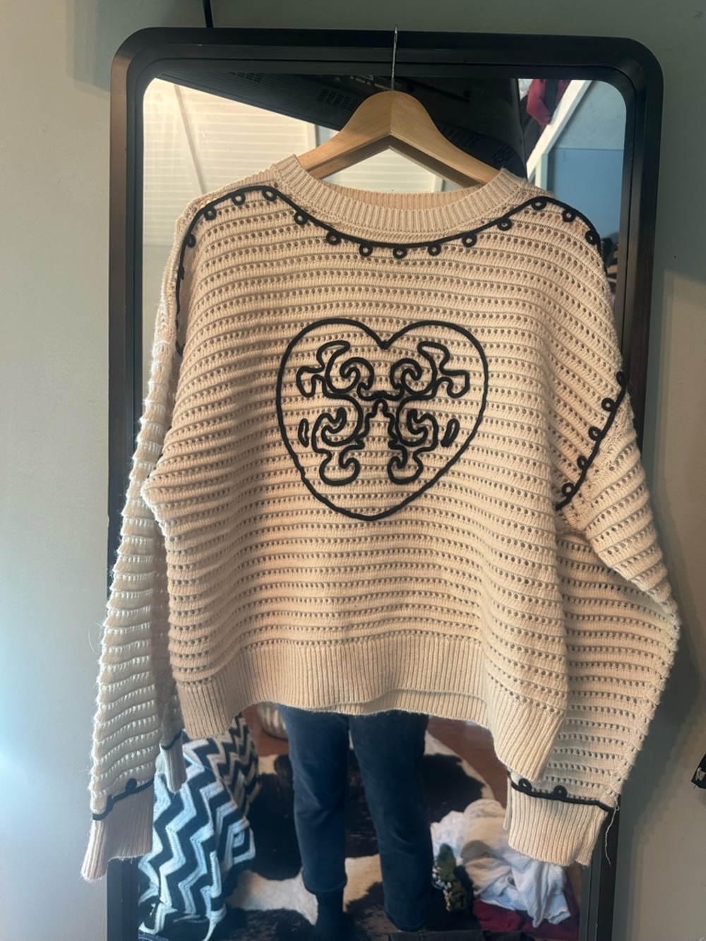 True Religion Cream Crocheted Heart Pullover Sweater with Black Trim Lg.
